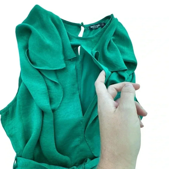 Women’s Satin Green Blouse features a tie-belt at waist, relaxed silhouette - Picture 5 of 14